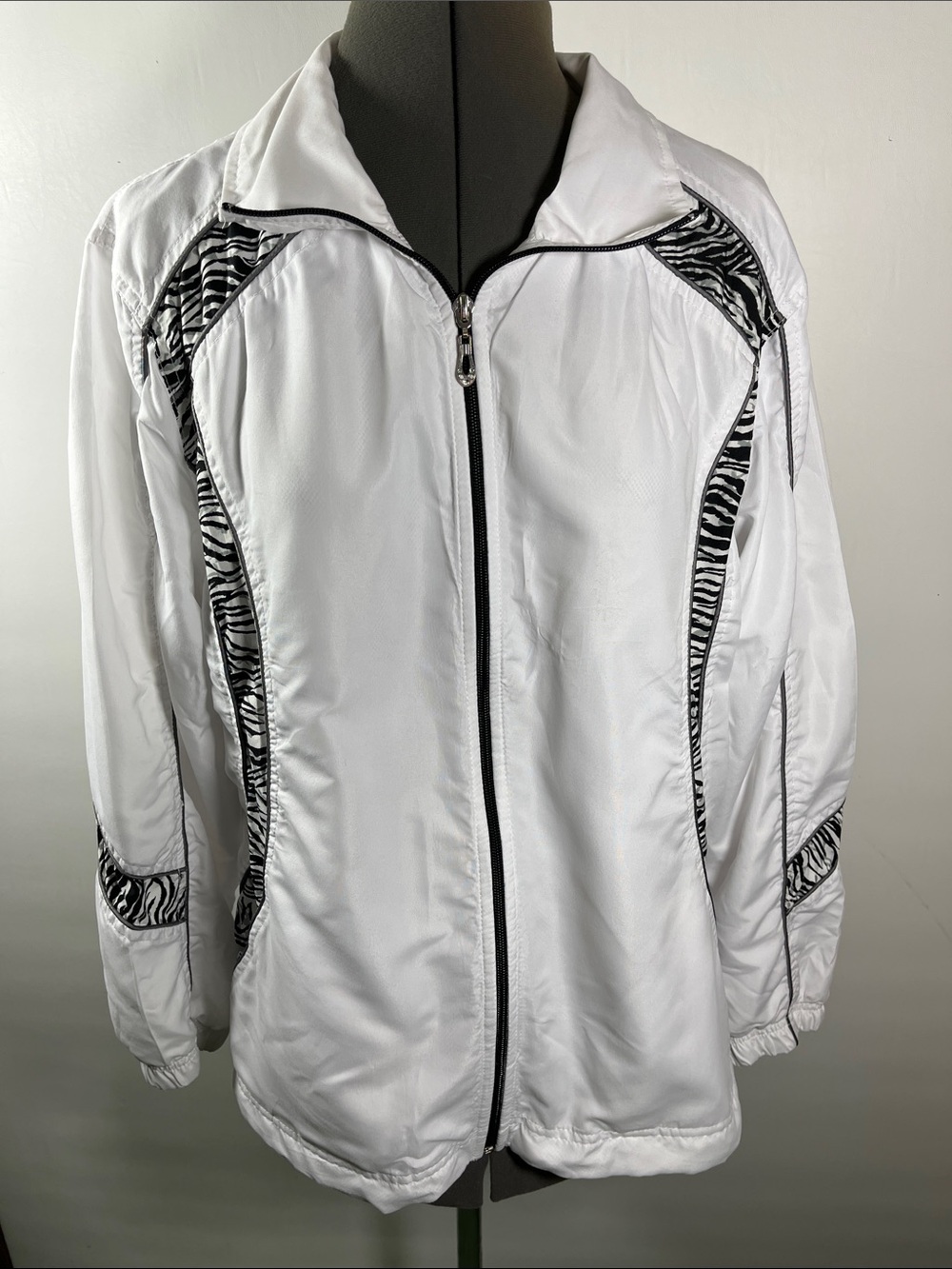 Ac-tiv-ology White Mesh Lined Jacket w Animal Print Trim Women Size XL Full Zip